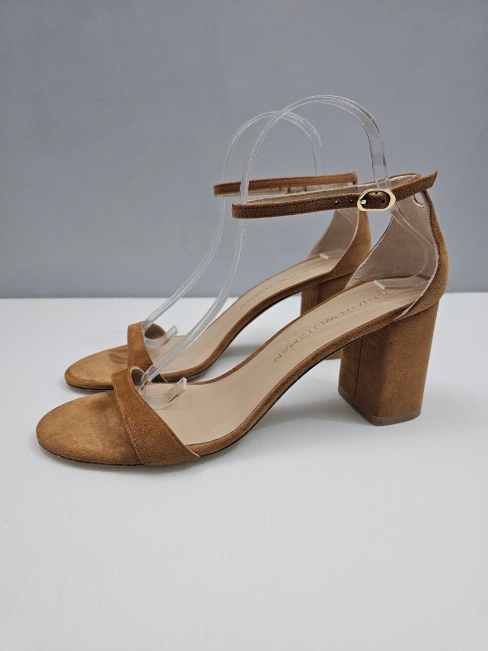 Stuart Weitzman Nudist Block 75 Sandal Womens 9.5 Caramel Brown Suede Block Heel